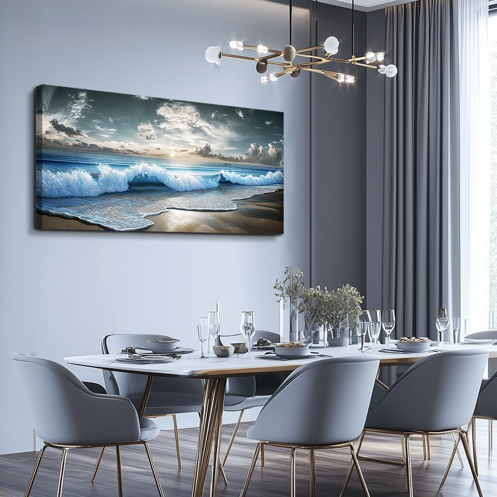 MHARTK66 Blue Ocean Canvas Wall Art Large Paintings For Living Room Landscape Nature Artwork For Walls Wall Decor For Bedroom Beach Pictures Wall Art Modern Office Waves Poster Decorations 24x48