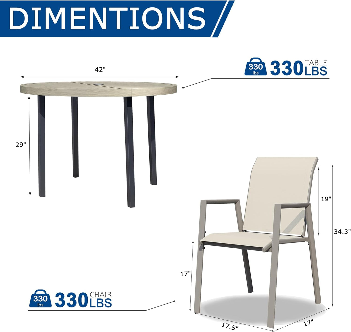 5 Piece Outdoor Dining Set, Patio Table and Chairs Set of 4, 42" Honey Oak Round Patio Table with 4 Honey Oak Stackable Patio Chairs for Lawn, Garden, Porch
