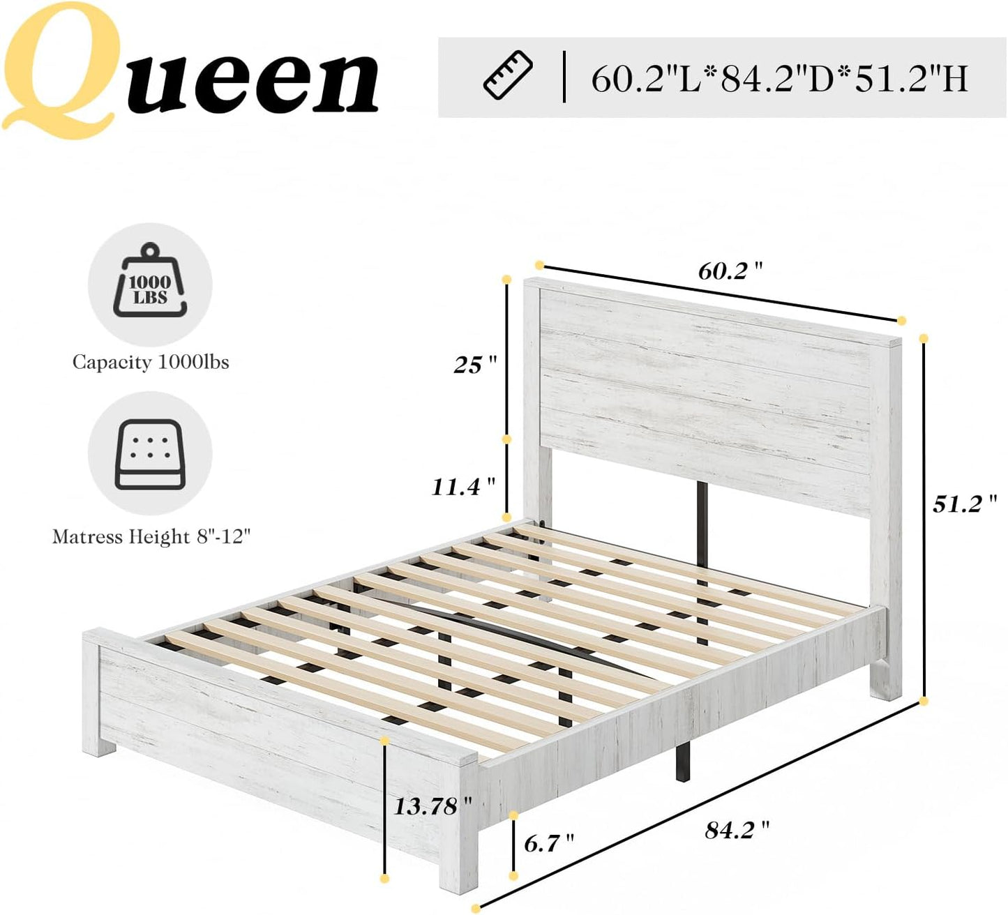 51.2" H Wood Bed Frame with Headboard, Platform Bed Frame Queen Size with Wooden Slat Support, No Box Spring Needed/Easy Assembly, Rustic Pine, Distressed White
