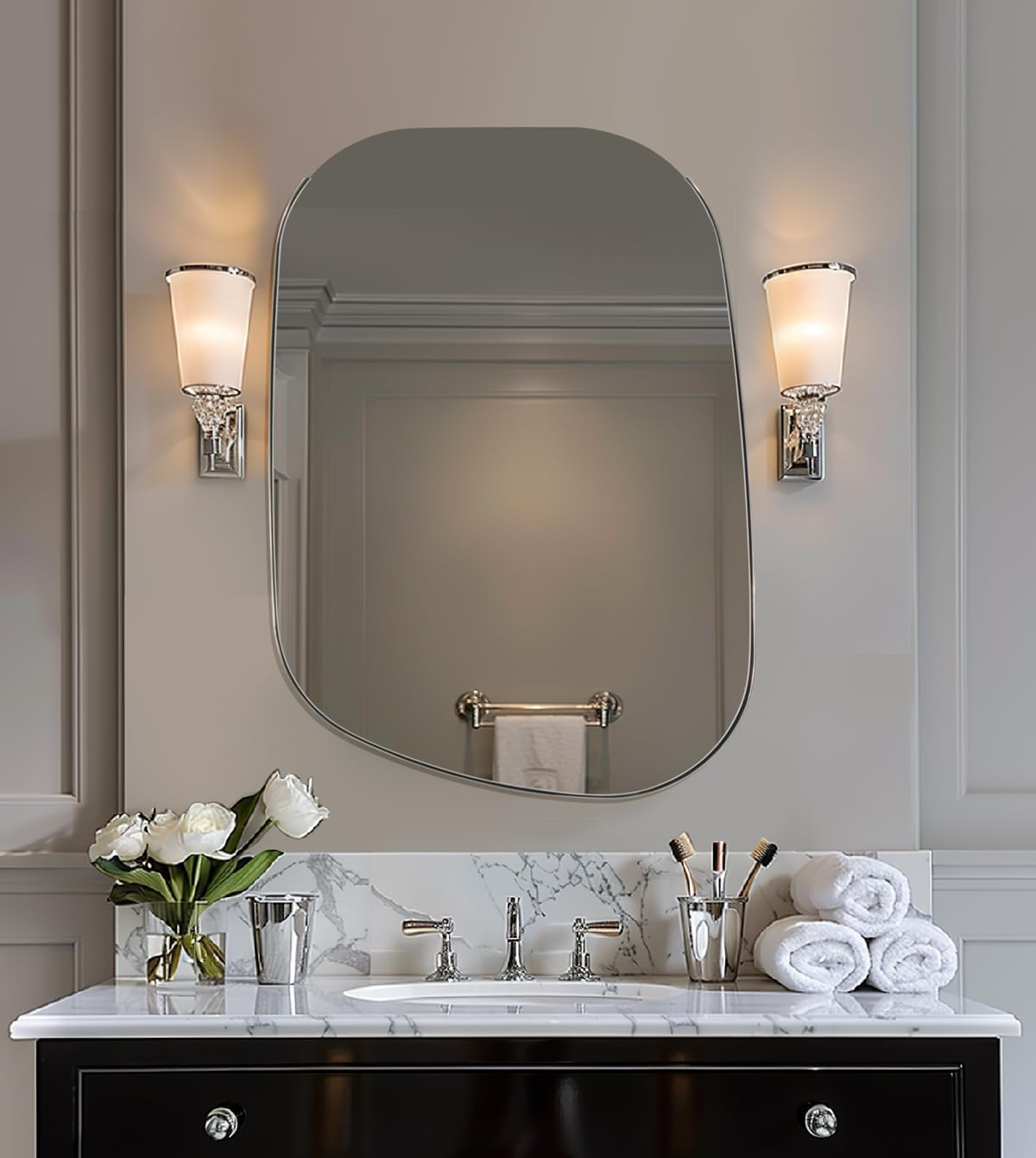 ANDY STAR 22"x30" Chrome Bathroom Mirror, Irregular Wall Mirror in Stainless Steel Metal Frame, Modern Polished Chrome Finish with Curved Edge Design, Wall-Mount Vertically or Horizontally