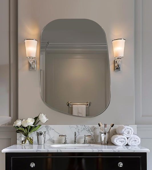 ANDY STAR 22"x30" Chrome Bathroom Mirror, Irregular Wall Mirror in Stainless Steel Metal Frame, Modern Polished Chrome Finish with Curved Edge Design, Wall-Mount Vertically or Horizontally