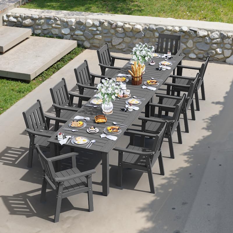 YEFU Outdoor Patio Dining Sets: All Weather 12 Piece Dining Table Set for 10 with Umbrella Hole & Aluminum Frame - Outdoor Furniture 2 Table and 10 Chairs for Outside Backyard/Porch/Deck Grey