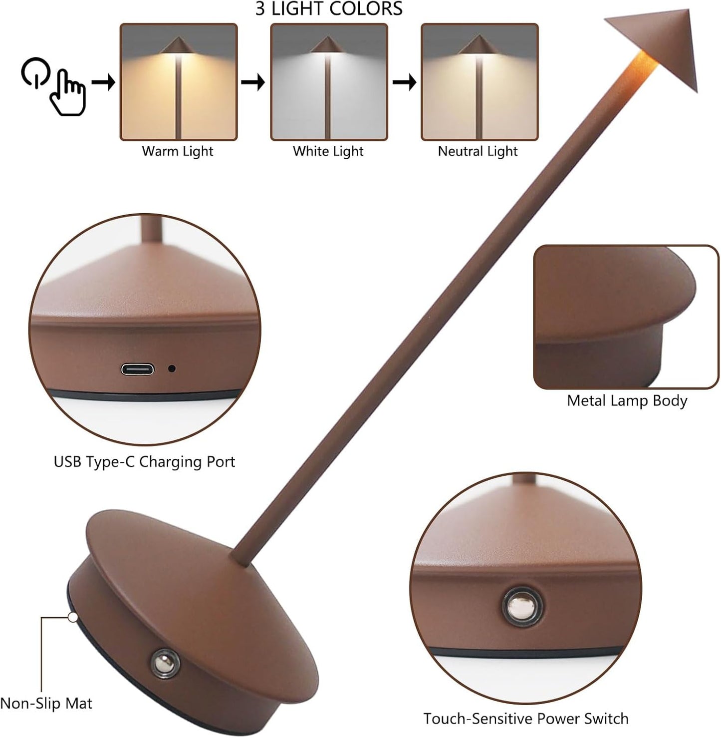 Cordless LED Table Lamp, Rechargeable 5200mAH Battery Operated Lamp for Decor, 3 Color Stepless Dimming Desk Lamps, for Restaurant, Bedroom, Outdoor Camping, Coffee Shop, Night Light