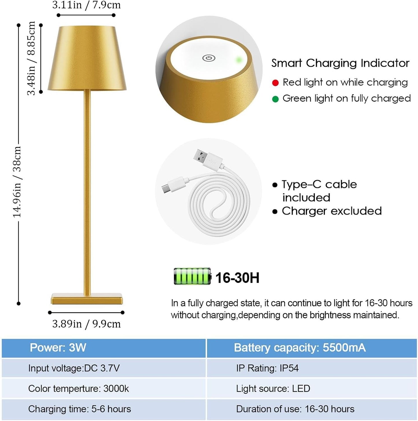 2-Pack LED Cordless Table Lamp 3W 5500mAh Rechargeable Battery Operated Stepless Dimmable Portable Lamp for Restaurant, Bedroom, Outdoor (Gold)