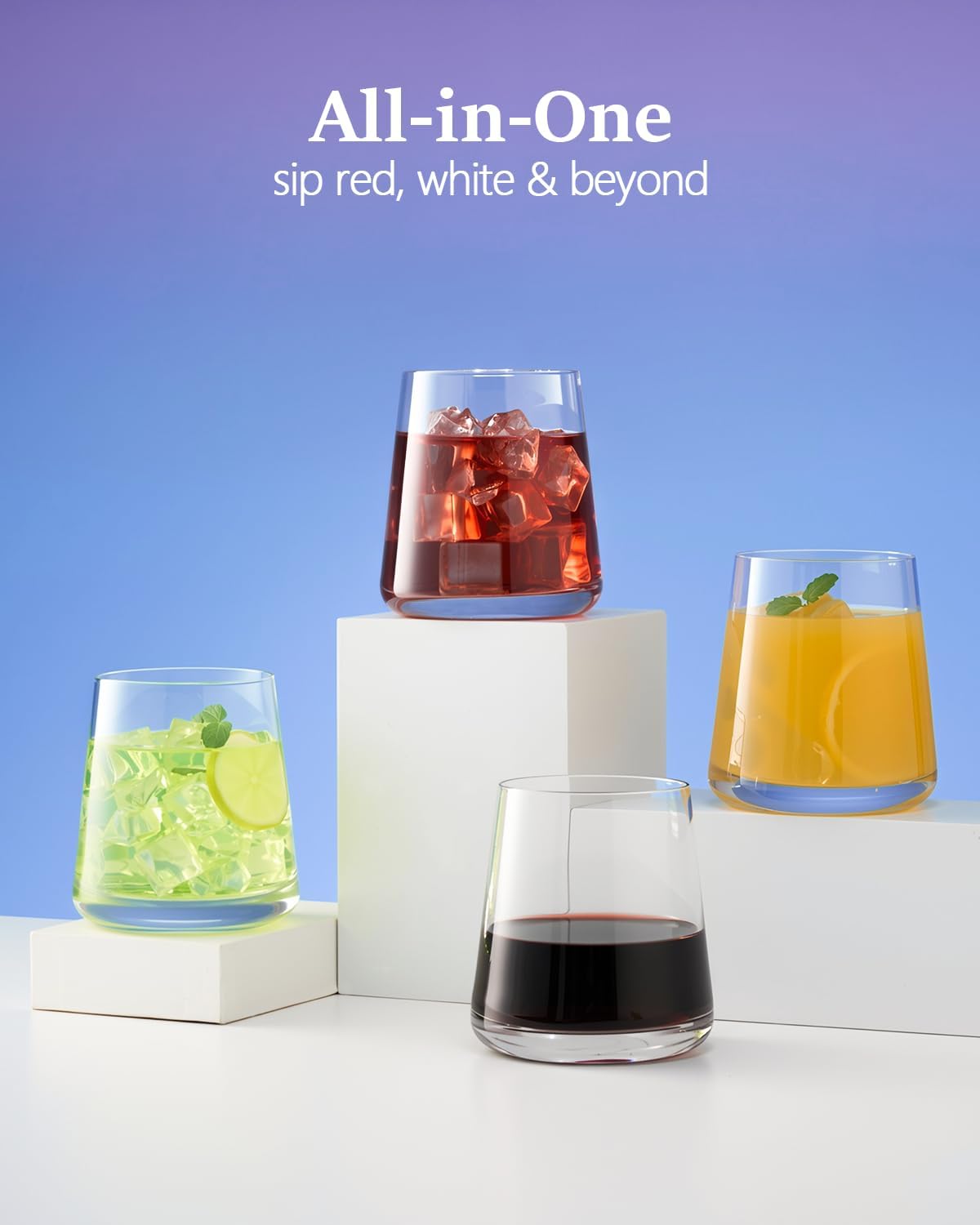 Crystal Stemless Wine Glasses Set of 4, 13.5 oz Hand-blown Drinking Glasses for Red and White Wine, Universal Drinking Glasses for Juice and Water, Thickened Base & Dishwasher Safe