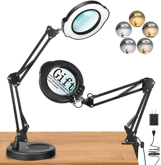 Upgrade 10X Magnifying Glass with Light and Stand, Real Glass Magnifying lamp, 5 Color Modes Stepless Dimmable, 84 LEDs, Magnifier with Light Hands Free for Close Work, Reading Craft Repair