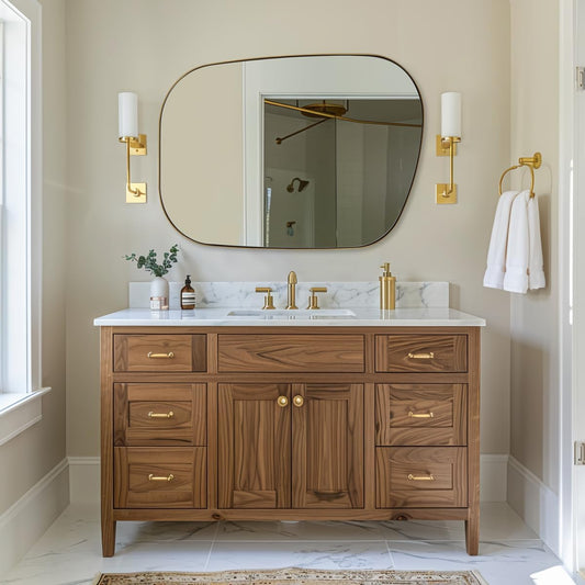 ANDY STAR 30"x40" Asymmetrical Wall Mirror，Brushed Gold Irregular Bathroom Mirror with Stainless Steel Metal Frame, Large Wall-Mounted Mirror for Bathroom, Entryway (Horizontal/Vertical)