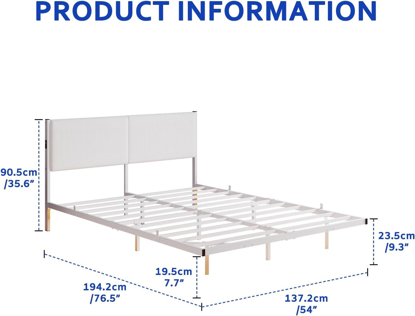 Full Size Bed Frame,Floating Bed Frame Full Size with Headboard,Upholstered Metal Platform Bed with LED Lights & Charging Station,Heavy Duty Steel Slats,No Box Spring Needed,No Noise,White Bed Frame