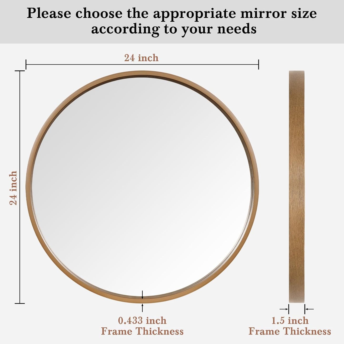 WallBeyond Round Wood Mirror 24" Circle Wall Mirror for Bathroom Round Wall Mirror for Wall Decor, Vanity, Entryway Living Room, Honey