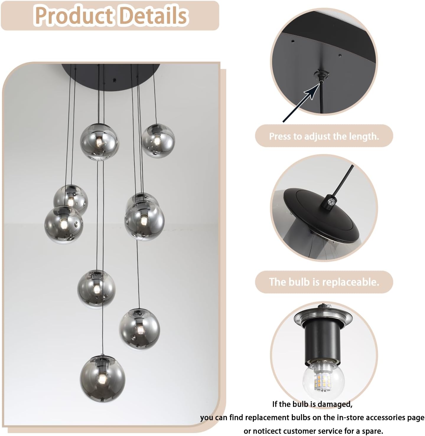 1-Light Black Pendant Light Fixtures Modern Smoke Gray Glass Globe Pendant Lights Kitchen Island Adjustable Hanging Lights Globe Stairwell Lighting Black Chandelier for Dining Room