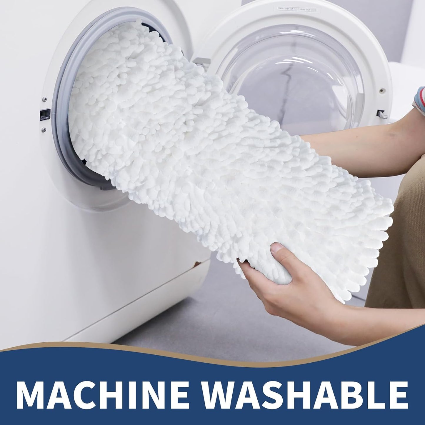 Yimobra Bathroom Rugs Sets 2 Piece - Quick Dry Extra Thick Luxury Chenille Bath Mat, Non Slip Super Absorbent for Tub Shower Sink, Machine Washable Shaggy Floor Mat, 24"x17+24"x20" Inch, White