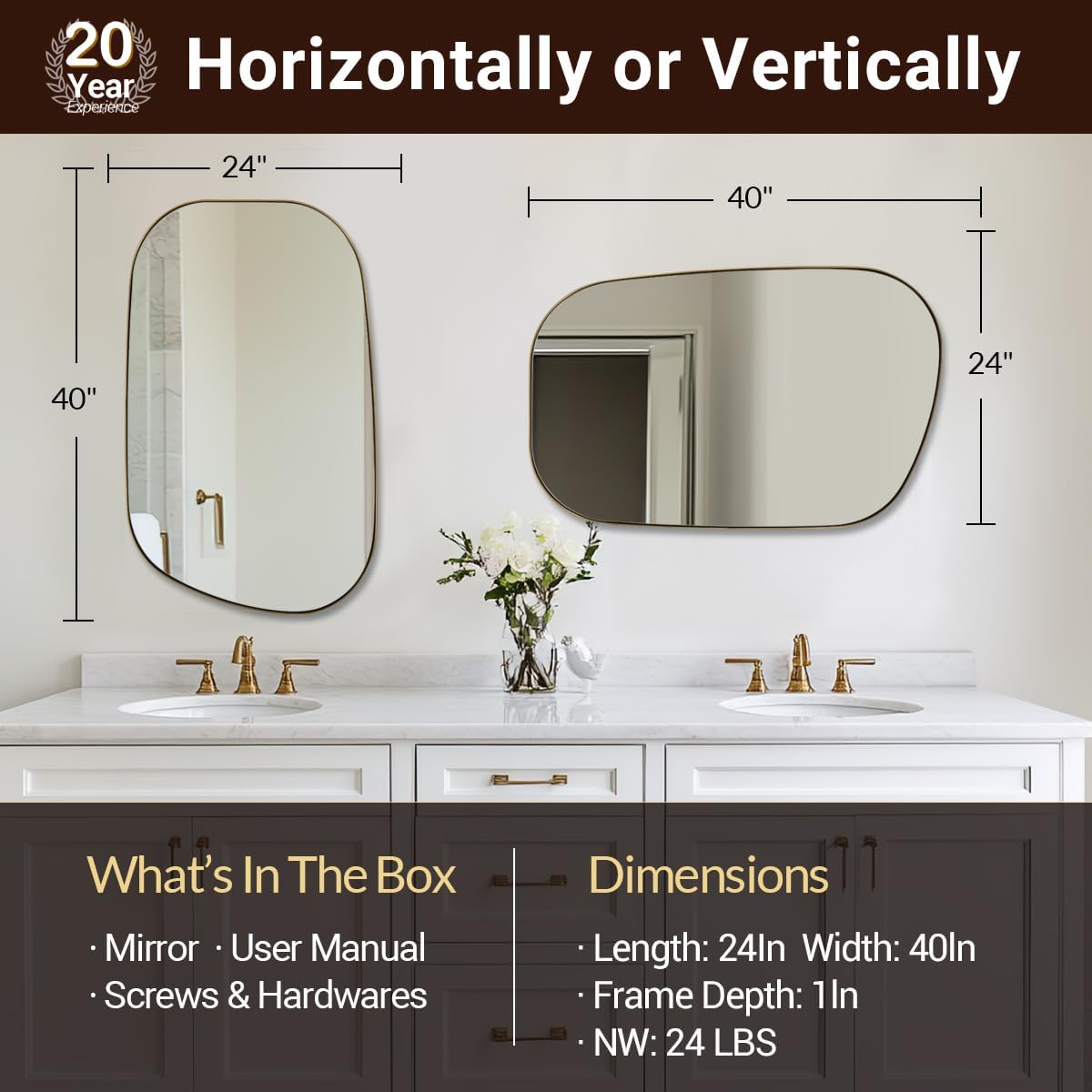 ANDY STAR 24"x40" Asymmetrical Wall Mirror，Brushed Gold Irregular Bathroom Mirror with Stainless Steel Metal Frame, Wall-Mounted Mirror for Bathroom, Entryway (Horizontal/Vertical)