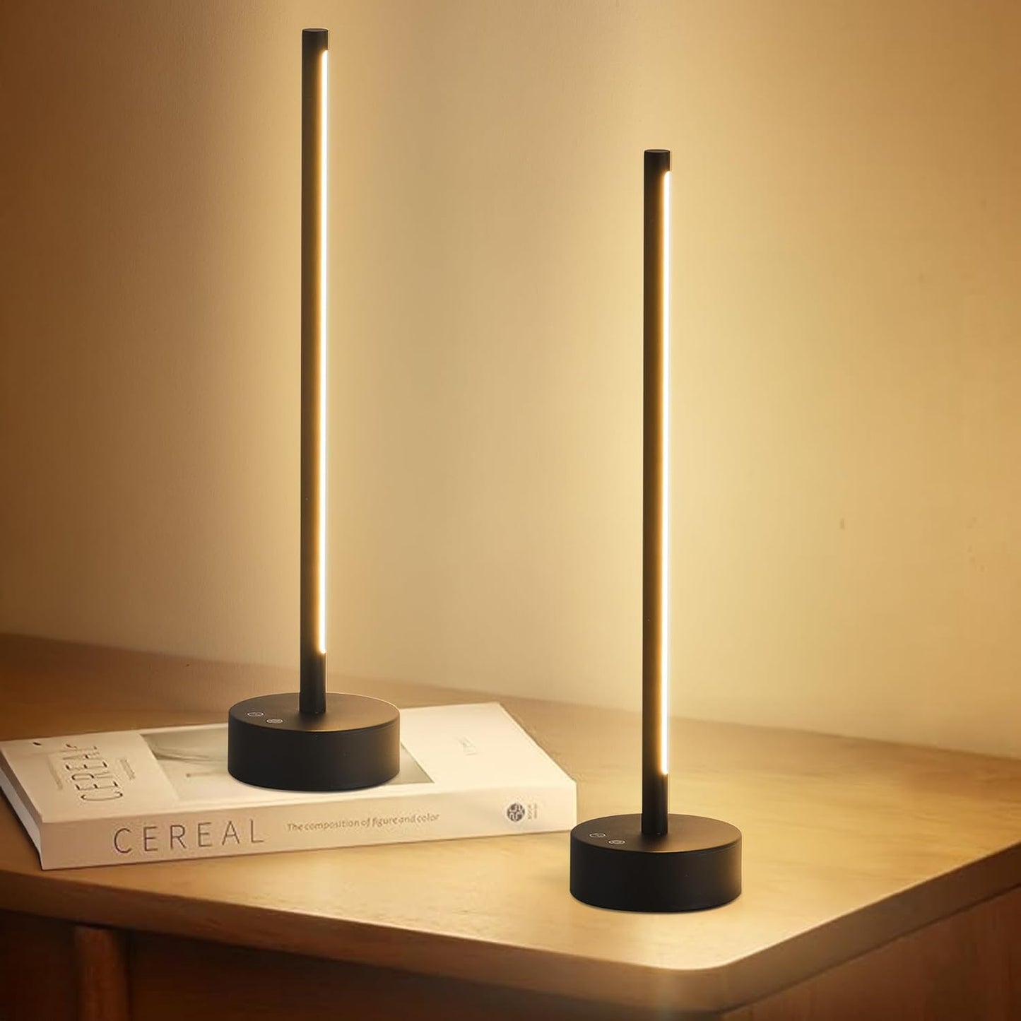 Cordless LED Table Lamp Set of Two, Battery Operated Portable Desk Lamp, Dimmable/3 Color/Memory Function, Modern Rechargeable Table Light for Living Room,Bedroom, Bedside, Black, 2 Pack