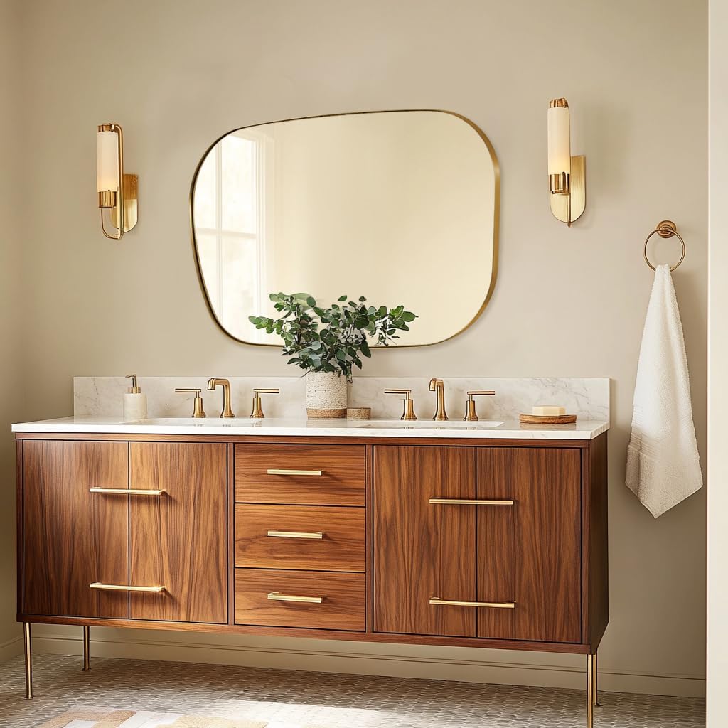 ANDY STAR 30"x40" Asymmetrical Wall Mirror，Brushed Gold Irregular Bathroom Mirror with Stainless Steel Metal Frame, Large Wall-Mounted Mirror for Bathroom, Entryway (Horizontal/Vertical)