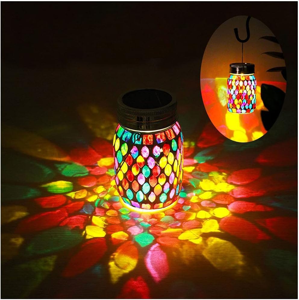 2pack Solar Mosaic Outdoor Waterproof Cool Blue Mosaic jar Decor Christmas Gifts for Women Mom Grandma Halloween Hanging Solar Lights Decoration Outside for Yard, Patio,Backyard,Porch (Modern)