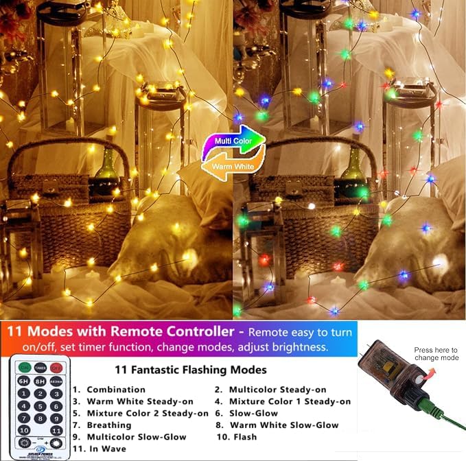 Decute 500LED Christmas Tree Lights Fairy String Light 164FT Green Copper Wire Warm White and Multicolor Dimmable with Remote, UL Cerficated Twinkle Light for Party Wedding Indoor Outdoor Decor
