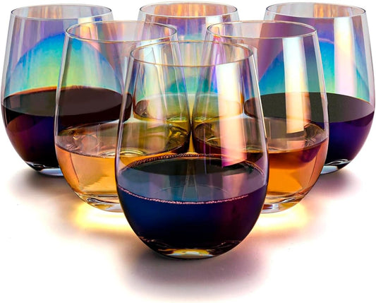 Crystal Stemless Wine Glasses Set of 6, 18 OZ Lead-free iridescent Universal Crystal Wine Glasses for Red and White Wine, Dishwasher Safe Clear Drinking Glassware Set, Color Plated