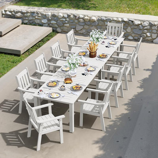 YEFU Outdoor Patio Dining Sets: All Weather 12 Piece Dining Table Set for 10 with Umbrella Hole & Aluminum Frame - Outdoor Furniture 2 Table and 10 Chairs for Outside Backyard/Porch/Deck White