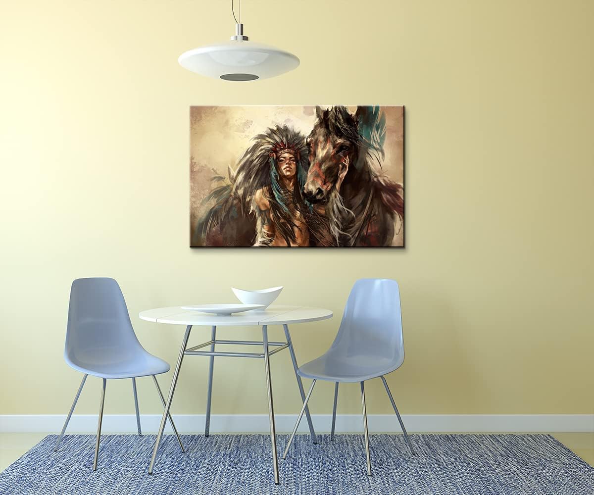 Mistyefly Framed Canvas Wall Art - Indian Girl (16''Hx24''W) - Native American Art - Earthy Tones, Multicolor - Living Room, Bedroom, Office, Hallway