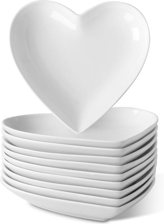 10 Pack Ceramic Appetizer & Dessert Plates, 7.5 Inch White Heart Shape Plates for Elegant Dessert Display, Lightweight Small Lunch Plate, Oven, Dishwasher & Microwave Safe