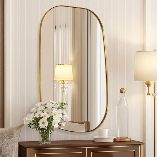 ANDY STAR 24"x40" Asymmetrical Wall Mirror，Brushed Gold Irregular Bathroom Mirror with Stainless Steel Metal Frame, Wall-Mounted Mirror for Bathroom, Entryway (Horizontal/Vertical)
