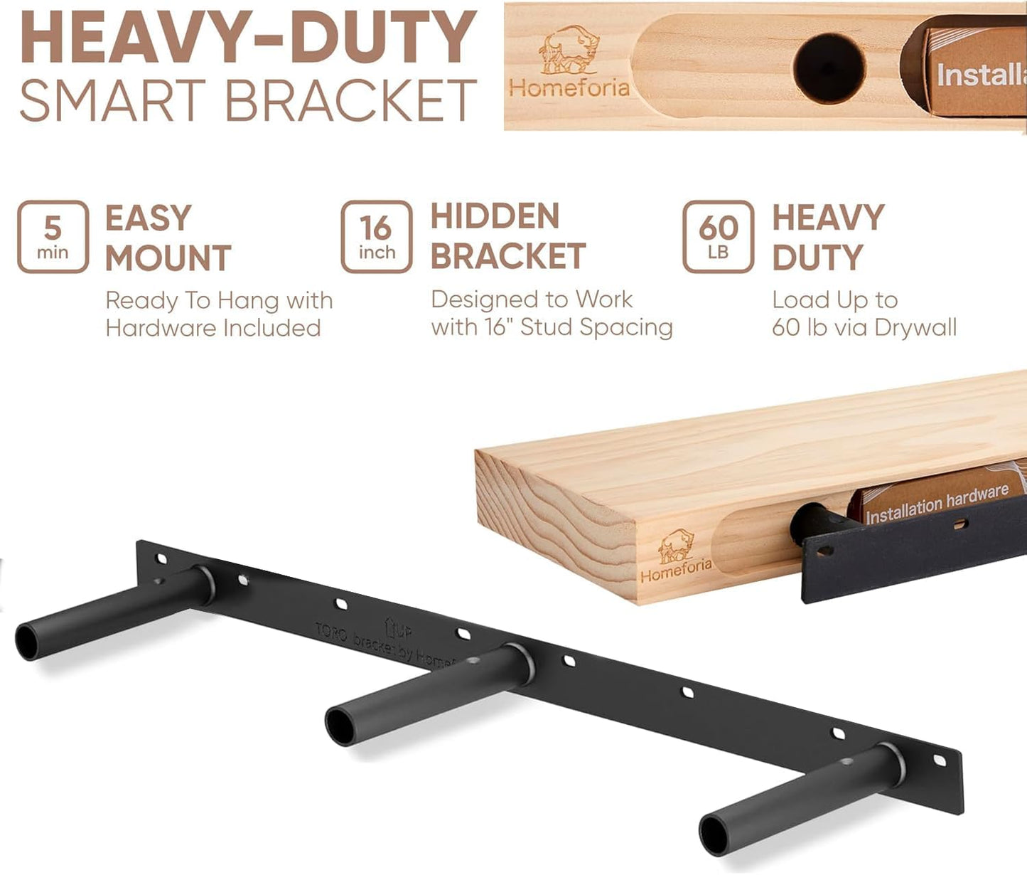 Homeforia 42 inch Wood Floating Shelf, High End Solid Natural Wood 42inch Large Floating Shelves for Wall Mounted, Unfinished Wooden Floating Shelves, Heavy Duty Bracket, 42 X 6.5 X 1.75 in, Set of 3