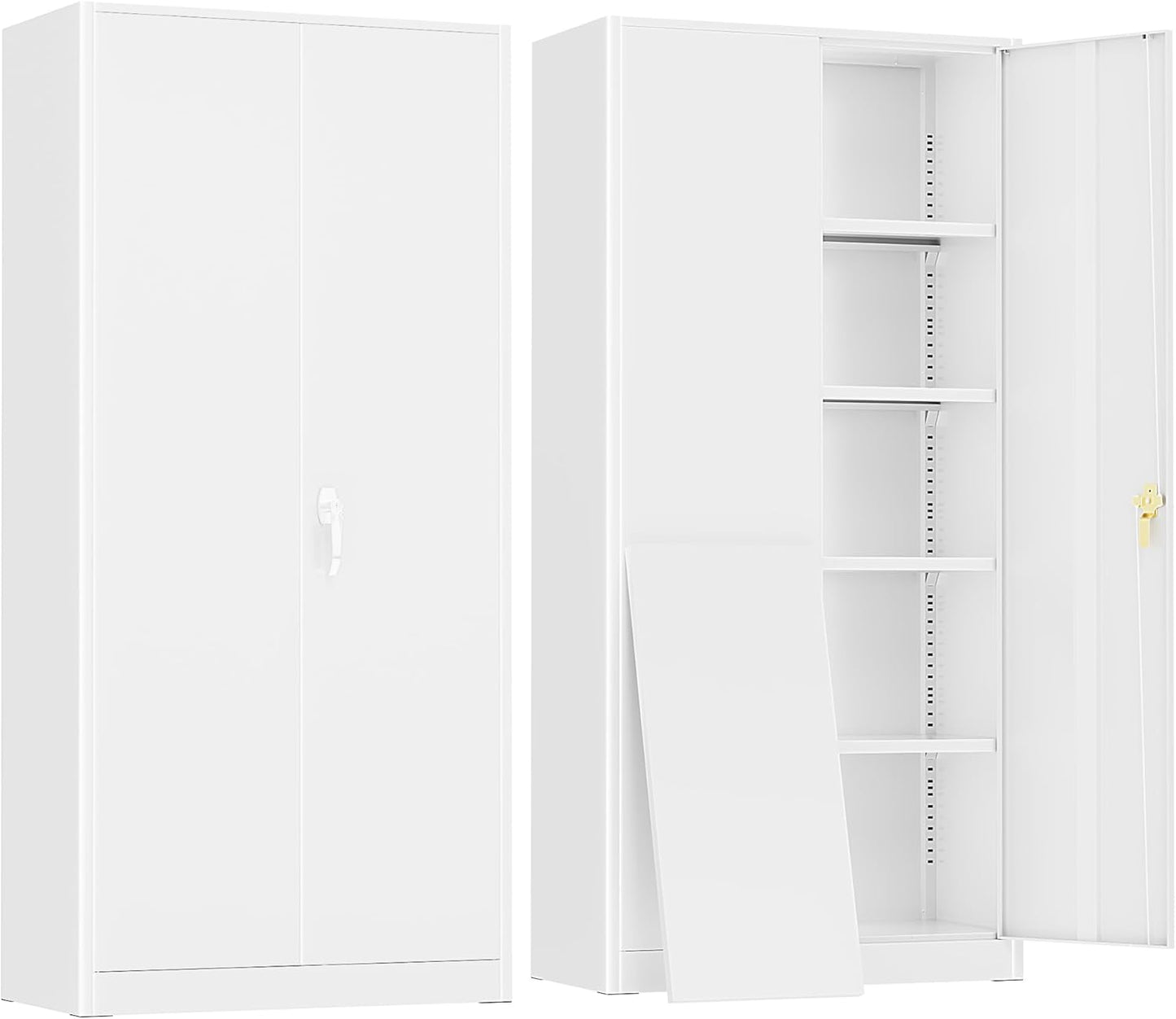 Greenvelly Metal Garage Storage Cabinet, White Steel Lockable Cabinet with 2 Doors and 4 Adjustable Shelves,Utility Metal Filing Cabinet with Lock for Home Office, Garage, Pantry, Kitchen