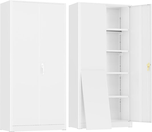 Greenvelly Metal Garage Storage Cabinet, White Steel Lockable Cabinet with 2 Doors and 4 Adjustable Shelves,Utility Metal Filing Cabinet with Lock for Home Office, Garage, Pantry, Kitchen