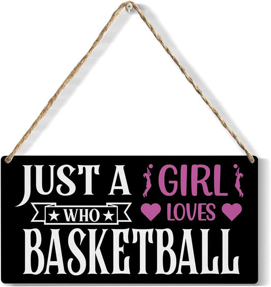 Funny Just a Girl Who Loves Basketball Wood Sign Rustic Basketball Lovers Wooden Hanging Plaque for Home Girl Bedroom Wall Art Decoration 6 x 12 Inches Present