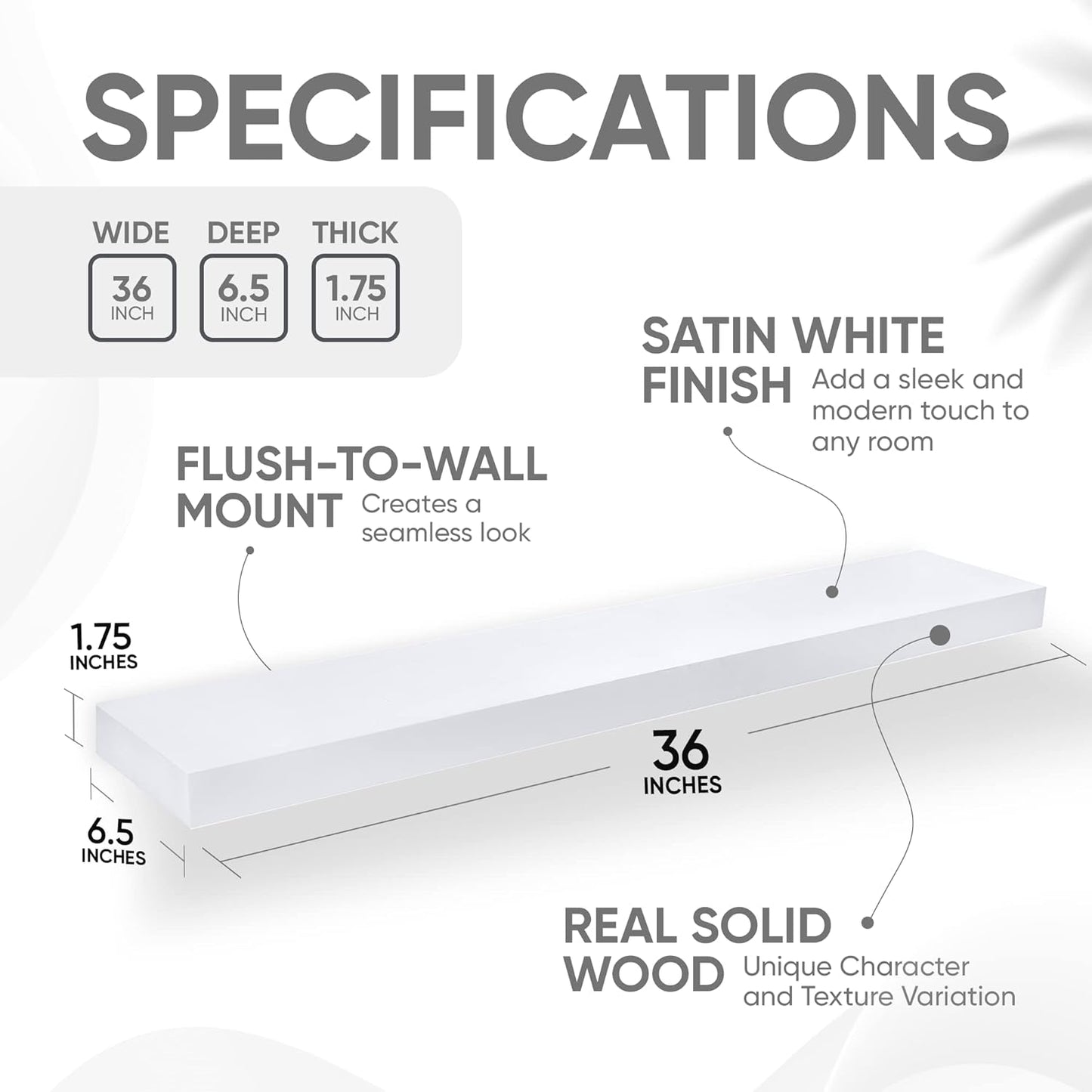 Homeforia White Floating Shelves 36 inch, High End Solid Real Wood 36inch Floating Shelf for Wall Mounted, White Wooden 36in Long Floating Shelves, Heavy Duty Bracket, 36 X 6.5 X 1.75 inches, Set of 4