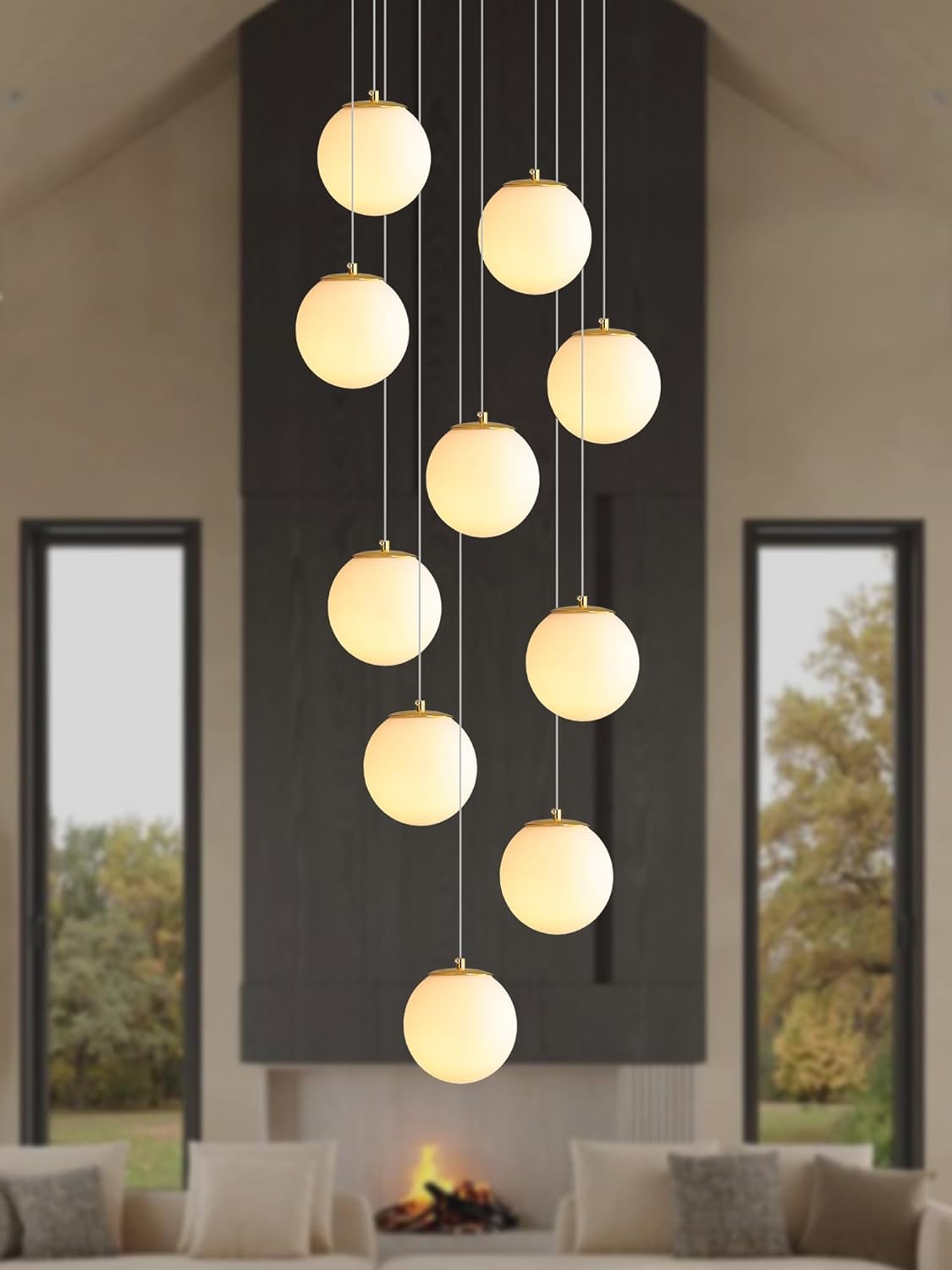 10-Light Gold Chandelier with White Globe Glass Dimmable Ceiling Light Glass Pendant Light for Kitchen Island, Dining Room, Living Room, Entry Hallway, LED Bulbs Included