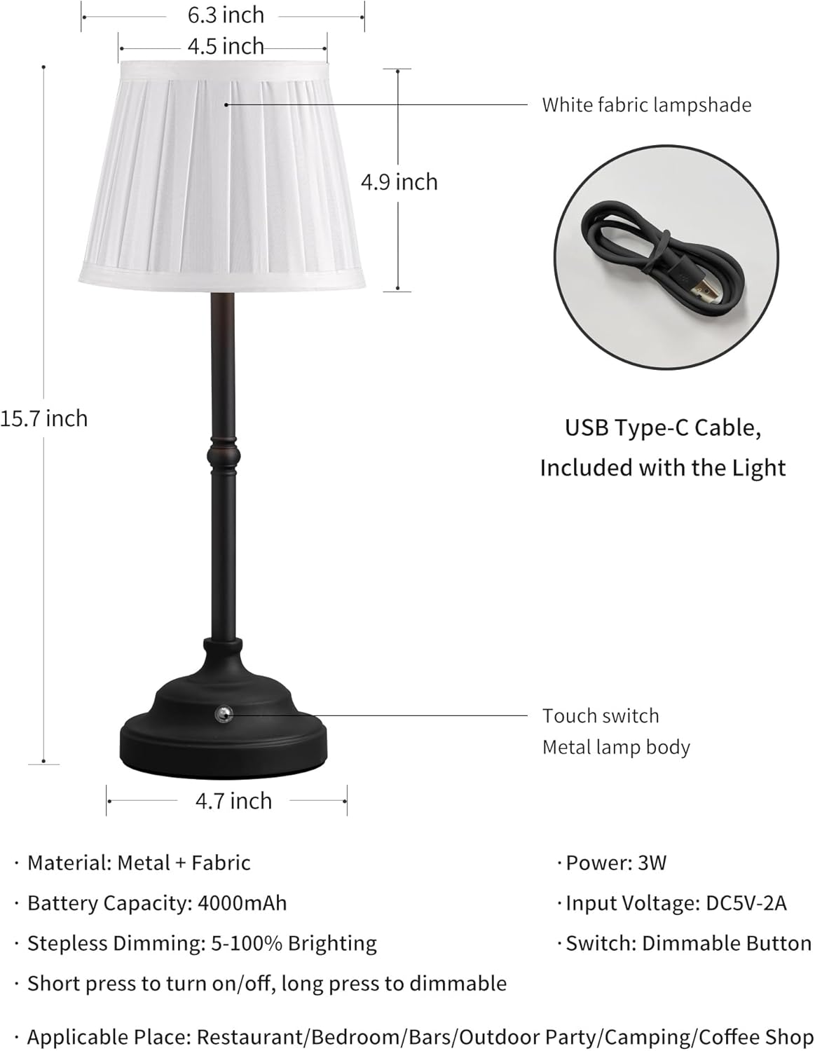 KDG Cordless LED Table Lamp, Portables Fabric Shade Desk Lamps, 4000mAh Rechargeable Battery Powered Lighting, Dimmable Light for Dining Room, Bedroom, Bedside, Night Light, Balcony (Black)