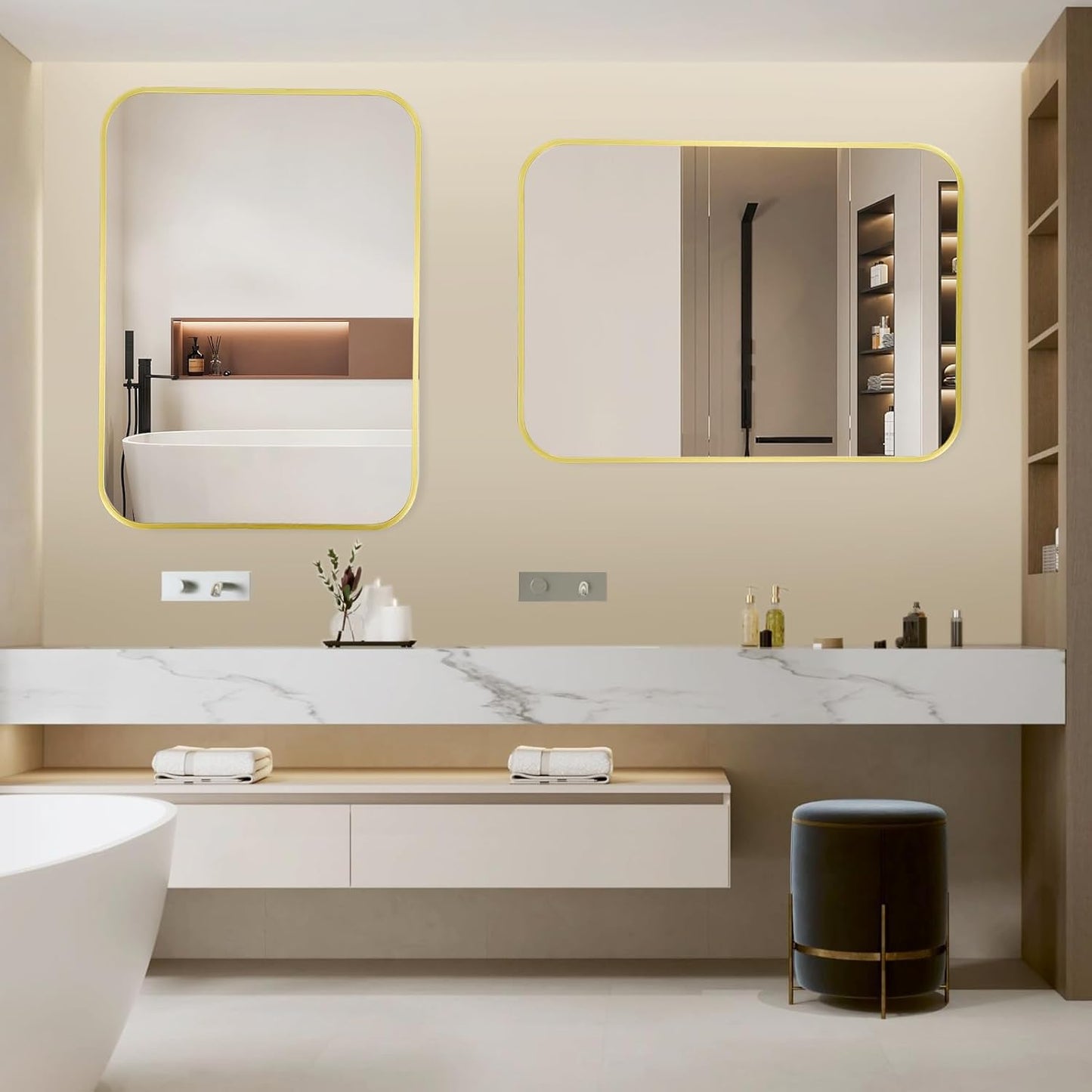 24x36 Inch Bathroom Mirror for Wall,Matte Gold Framed Rectangle Mirror with Rounded Corner,Aluminum Alloy Framed Brushed Wall Mirror for Bedroom or Living Room,Vertical or Horizontal