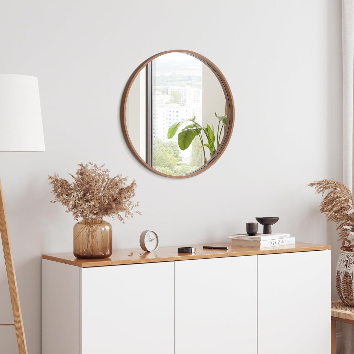 WallBeyond Wood Round Mirror with Wood Frame 24 inch Circle Wall Mirror for Bathroom Round Wall Mirror for Wall Decor, Vanity, Entryway Living Room (Walnut)