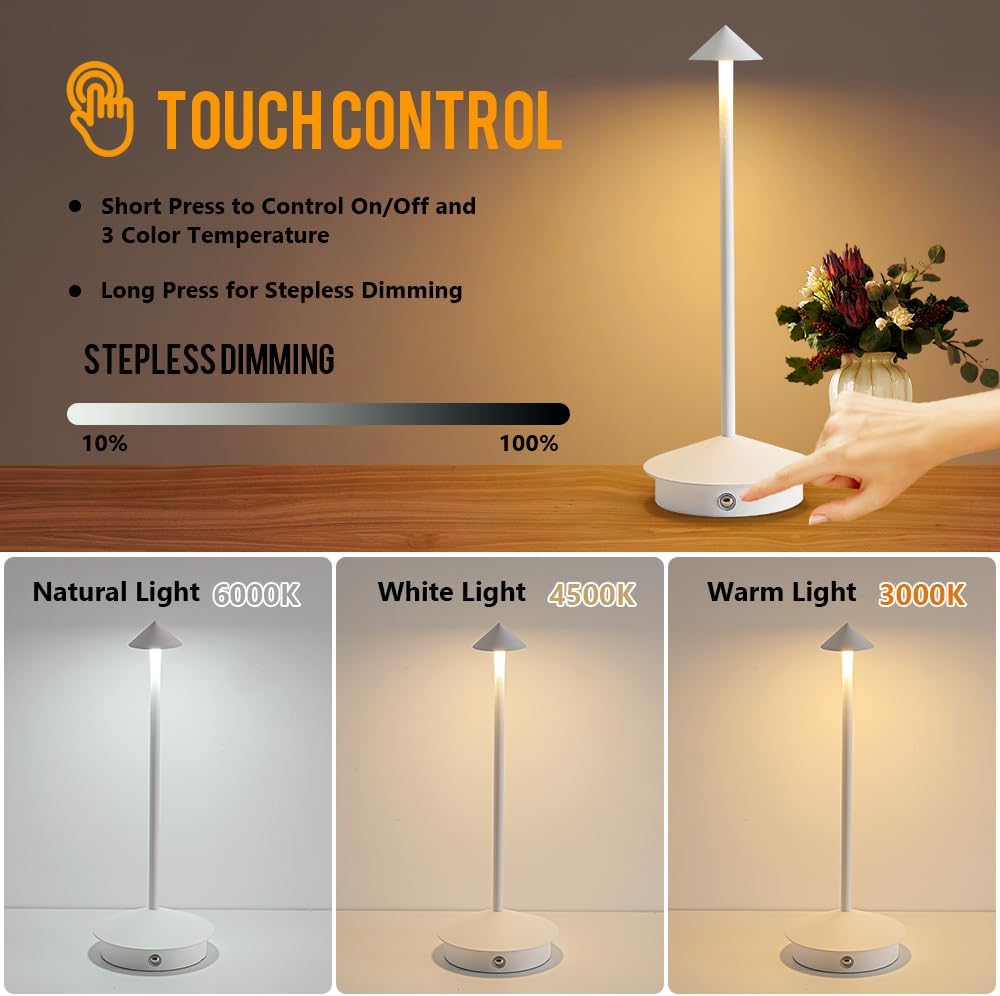 Cordless Table Lamp, 5000mAh Rechargeable Battery Powered LED Desk Lamp, Portable Touch Control Outdoor Table Lamps,3 Color Dimmable Light for Restaurant, Patio, Bedroom, Night Lamp (White)