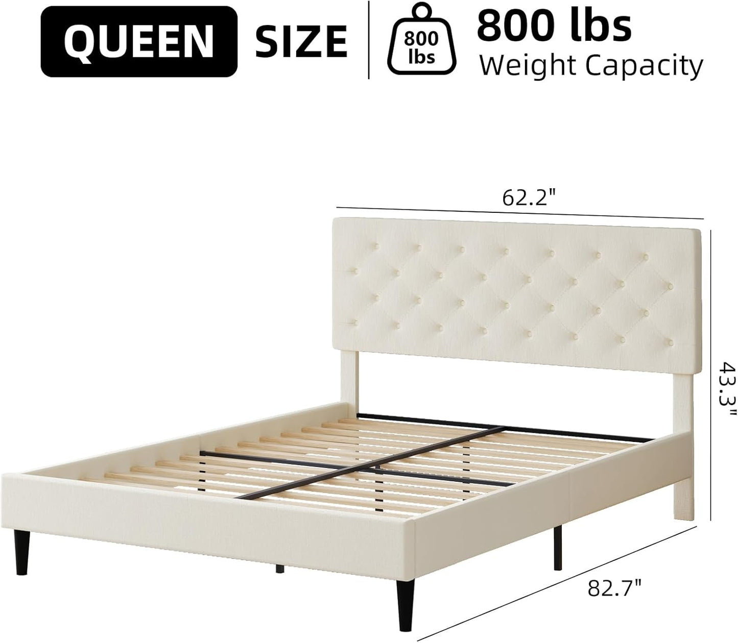 HOMBCK Queen Size Bed Frame with Headboard, Linen Fabric Upholstered Platform Bed Frame, Button Tufted Bed Frame Queen, Wooden Slat Support, No Box Spring Needed, Easy Assembly, Cream