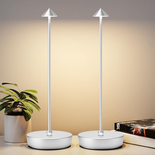 2Pack Rechargeable Cordless Table Lamp, Portable Powered LED Battery 6000mAh Metal USB Desk Lamp, 3 Levels Brightness Light for Restaurants Outdoor (2pack Silver)