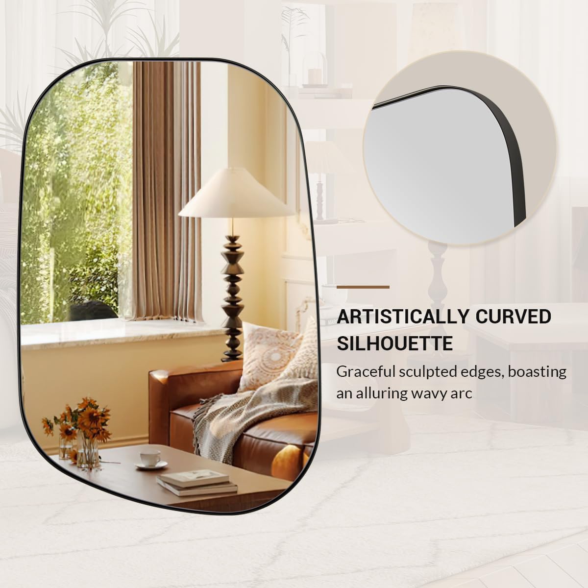 ANDY STAR 24"x36" Black Bathroom Mirror, Irregular Wall Mirror in Stainless Steel Metal Frame, Modern Matte Black Finish with Curved Edge Design, Wall-Mount Vertically or Horizontally