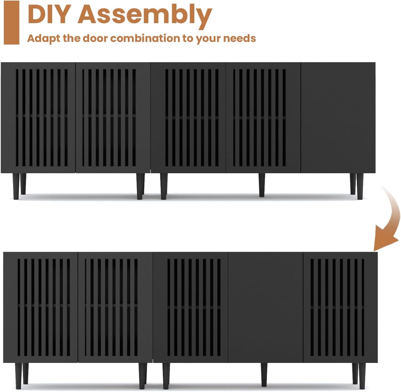 CHUWELL Modern TV Stand, 78.7" Storage Cabinet with 5 DIY Doors and Adjustable Shelf, Sideboard Coffee Bar Cabinet with Solid Wood Feet for Kitchen,Dining Room,Living Room,Black