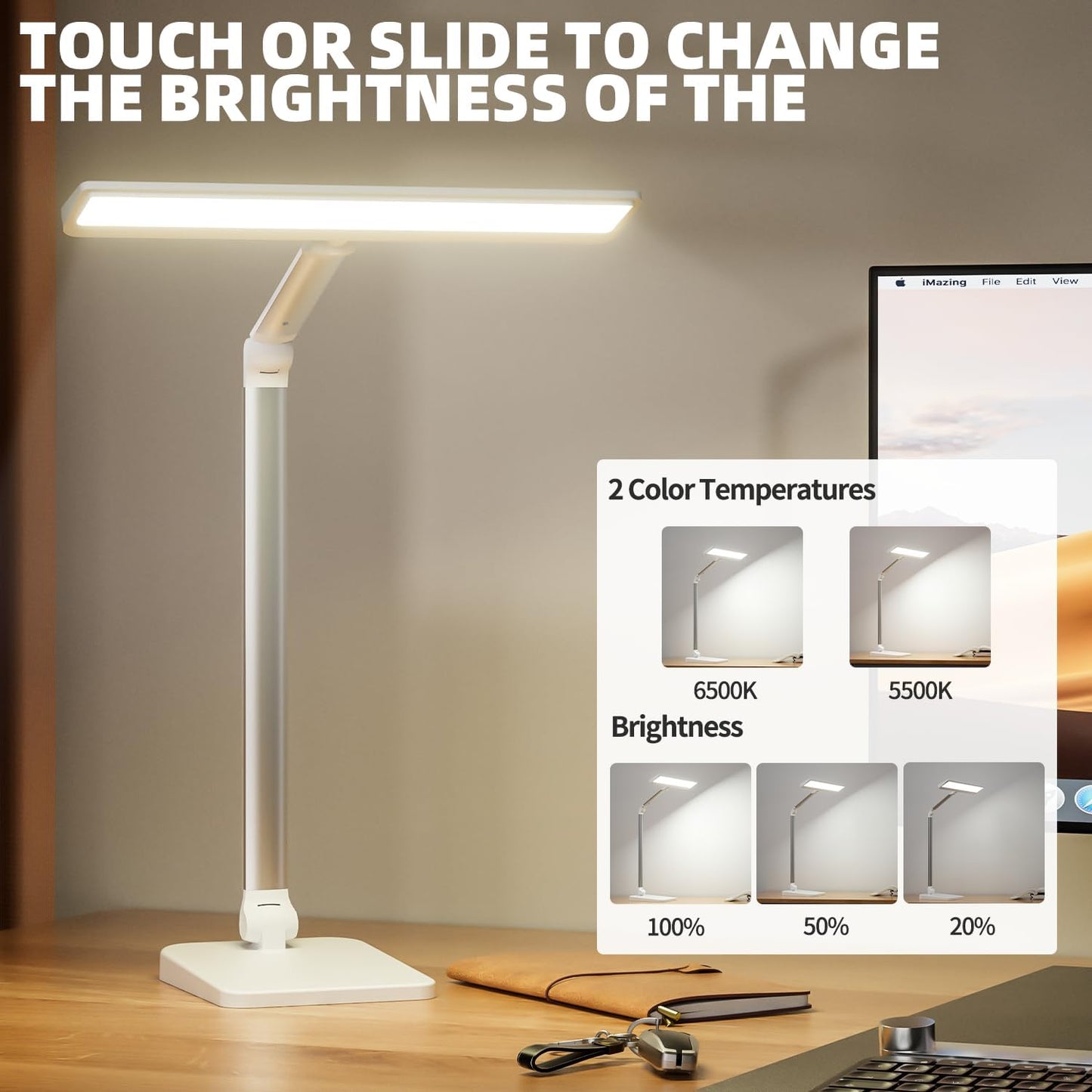 Desk Lamp with USB A+C Dual Charging Port, 23W 1000LM DC Adapter LED Dsek Light for Office Home, Eye-Caring Desk Light 3 Brightness Lamp for Computer, Video Conferencing, Workbench, Crafting, Reading