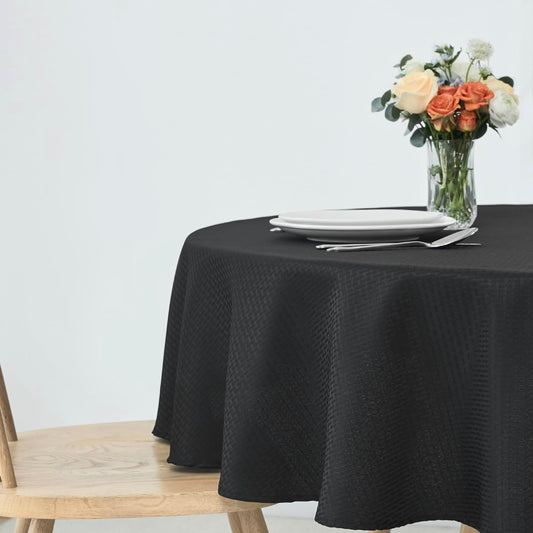 maxmill Round Weaved Texture Design Tablecloth Spill-Proof Wrinkle Free Soft Washable Table Cloth for Circular Table Cover, for Dining Room Buffet Banquet Parties Holiday Dinner, 70 Inch Black