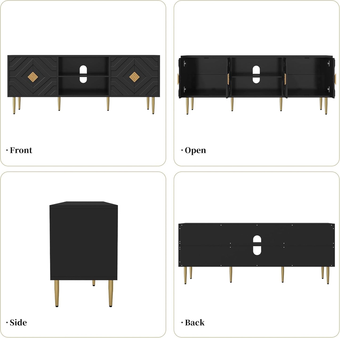 HLR 63''Modern Black TV Stand for 65/70/75 inch TV, Entertainment Center with Storage Cabinet, Mid CenturyTV Console,Embossed Pattern TV Stand, TV Media Console for Living Room, Bedroom