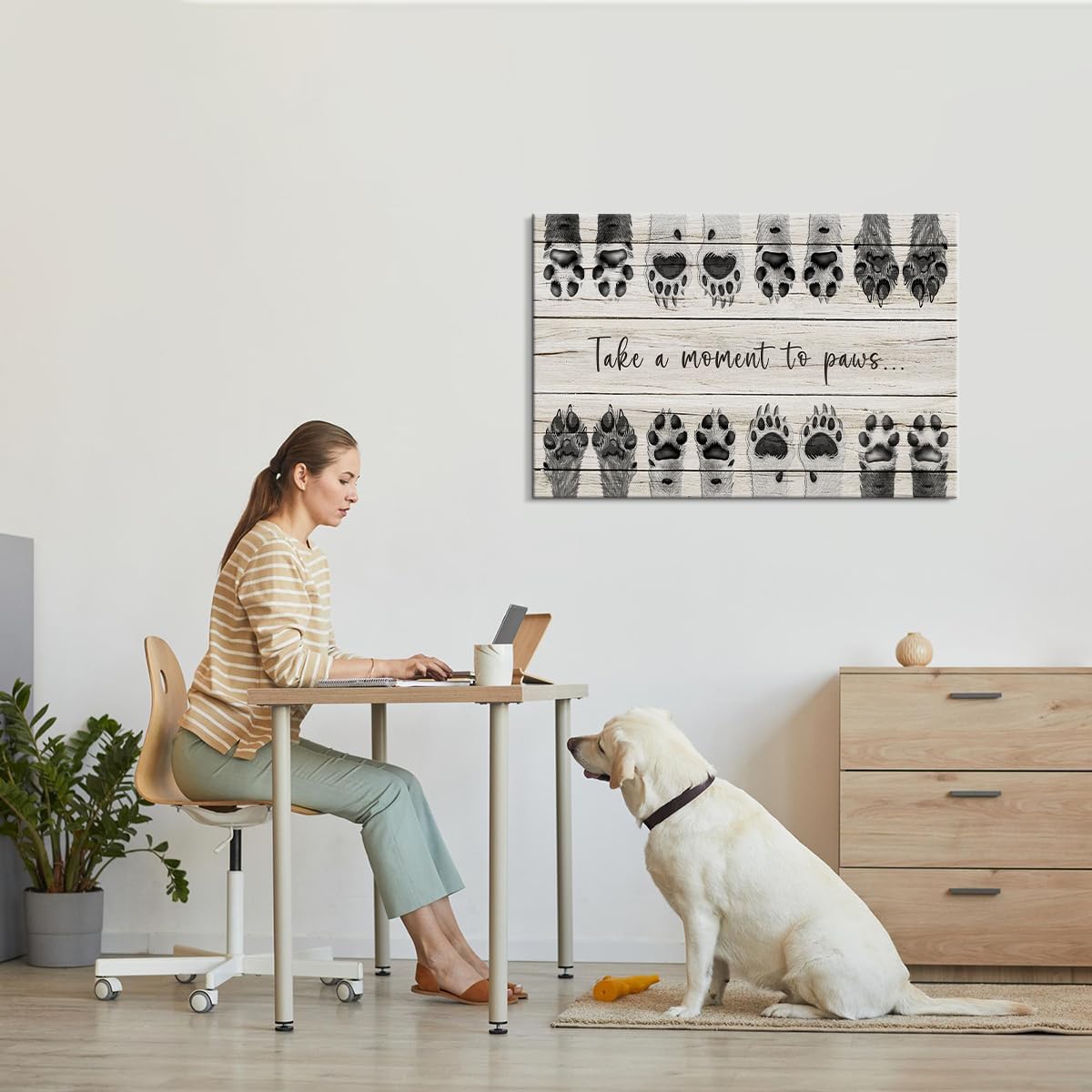 Dog Art Animal Canvas Wall Art Take a Moment to Paws Wall Art Dog Art Wall Decor Animal Pictures Paw Print Wall Decor Dog Picture Puppy Paw Print Dog Quotes Wall Decor for Bedroom Decor (24''Hx36''W)