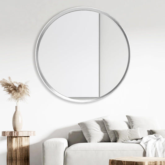 Round Mirror, 24 Inch Silver Wood Frame, Wall Circle Mirror for Bathroom or Nursery Decor