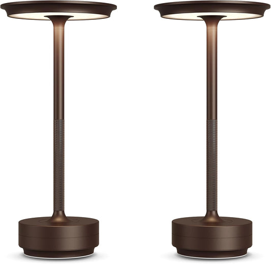 2 Pack Rechargeable Cordless Table Lamps, Portable 5000mAh LED Table Light, 3 Color Stepless Dimming Battery Powered Metal Table Lamp for Outdoo/Restaurant/Home/Patio.(Brown)