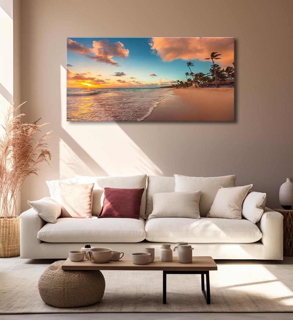 Large Beach Canvas Wall Art Decor for Living Room Sunset Coastal Painting Print Framed Ocean Nature Landscape Picture Poster for Office Dedroom Home Decoration 20" X 40"