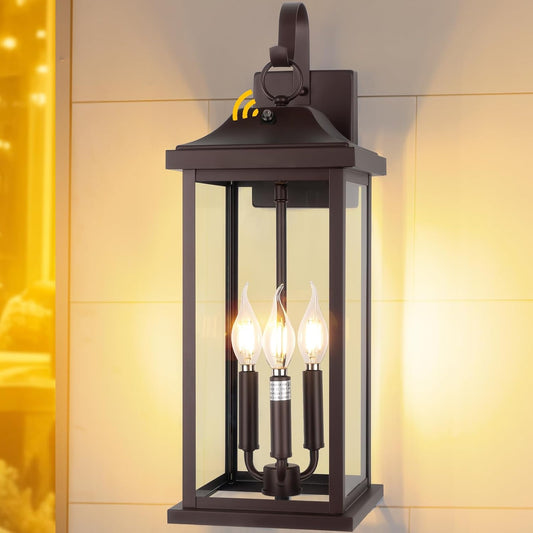 1-Pack 23” Dusk to Dawn Outdoor Light Fixture Oil Rubbed Bronze 3-Light, Extra Large Exterior Lighting Photocell Sensor Outside Wall Lantern for House Brown Porch Garage Light, E12