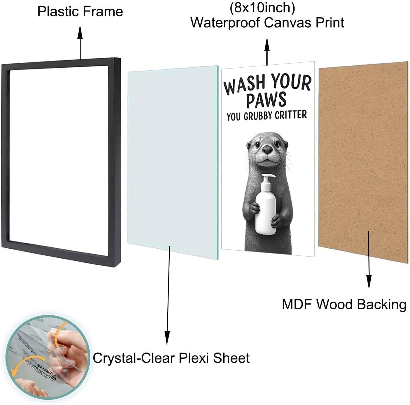 Funny Bathroom Wall Art - "Wash Your Paws" Black and White Framed Otter Print - Instant Ready to Hang Bathroom Wall Decor (Otter, 10"L x 8"W, Framed)