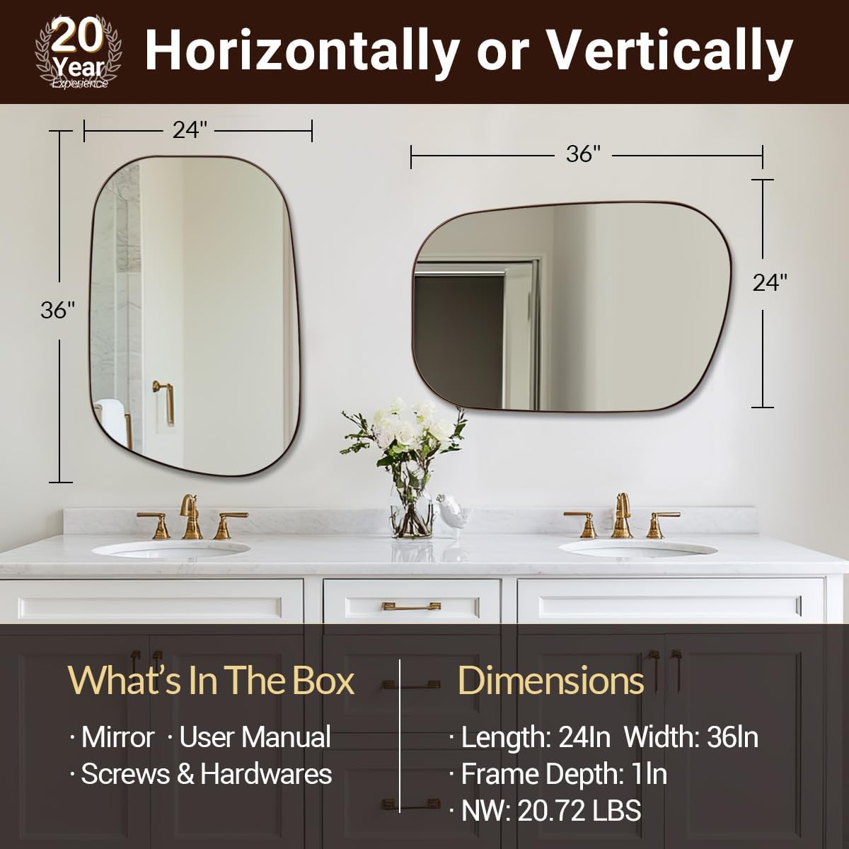 ANDY STAR Bronze Bathroom Mirror, 24"x36" Oil Bronze Asymmetrical Wall Mirror in Stainless Steel Metal Frame, Unique Vanity Mirror with Modern Curved Design, Ideal for Bathroom, Bedroom, Entryway