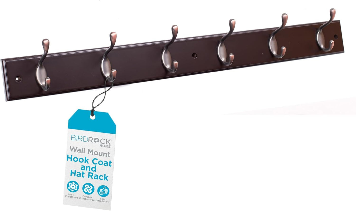 BIRDROCK HOME Oval Hook Coat and Hat Rack | 6 Hooks| Wall Mount | Brown Finish | Bronze Hooks